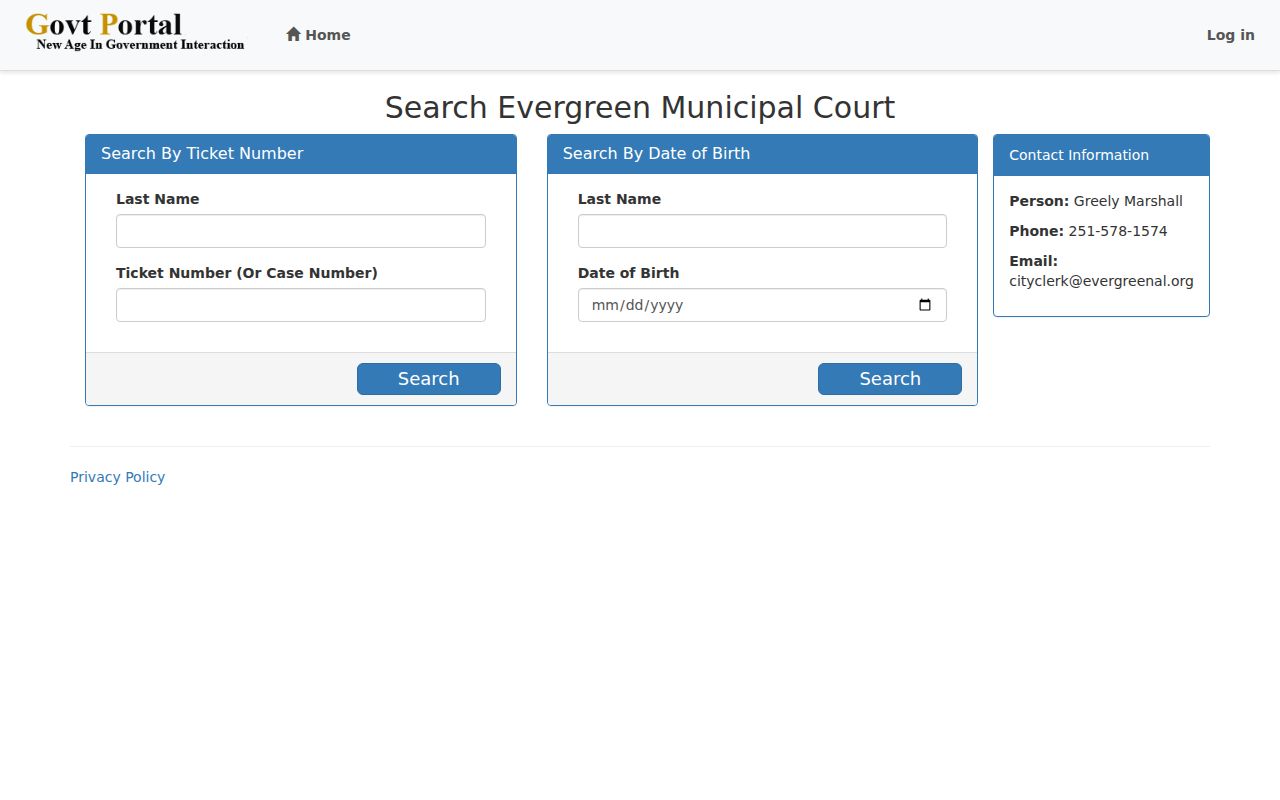 Conecuh County municipal warrant search fields for Evergreen