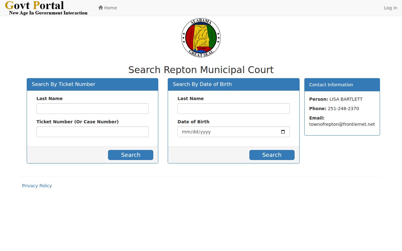 Conecuh County municipal warrant lookup fields for Repton